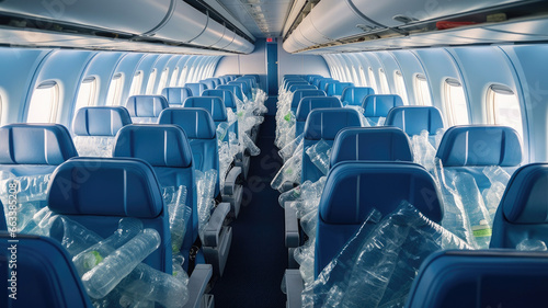 Interior of an airliner with plastic bottles on the seats. sustainability