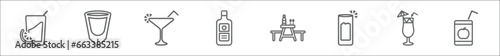 outline set of drinks line icons. linear vector icons such as fruit juice, white russian drink, cosmopolitan, herbal liquor, picnic table, ramos gin fizz, sex on the beach, juice