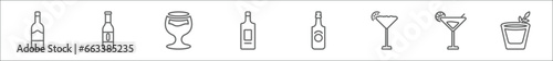 outline set of drinks line icons. linear vector icons such as wine bottles, grain, brandy glass, absinthe, malibu, sidecar drink, daiquiri, irish sour