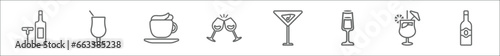 outline set of drinks line icons. linear vector icons such as corkscrews and bottle of wine, tequila sunrise, cappuccino, brindis with wine glasses, manhattan drink, pisco sour, mai tai, alcohol