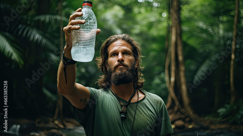 Man in the green jungle, holding a plastic bottle. sustainability