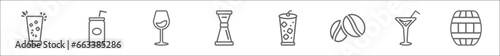 outline set of drinks line icons. linear vector icons such as caipiroska, , glass with wine, jigger, tom collins, coffee bean, pink rose, cask