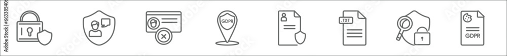 outline set of gdpr line icons. linear vector icons such as padlock, profiling, delete, address, account, text file, detective, cookie