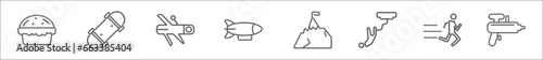 outline set of free time line icons. linear vector icons such as baking, skateboarding, multitool, airship, climbing, bungee jumping, running man, water gun