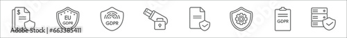 outline set of gdpr line icons. linear vector icons such as penalty, eu, fingerprint, pendrive, child consent, gear, information, data storage