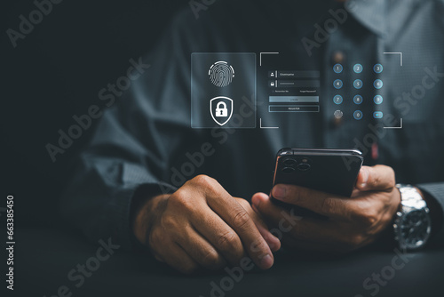 Unlock personal financial data with futuristic biometric fingerprint scanner on bobile phone. Surveillance and security scanning of digital programs for cyber applications. secure identity data access