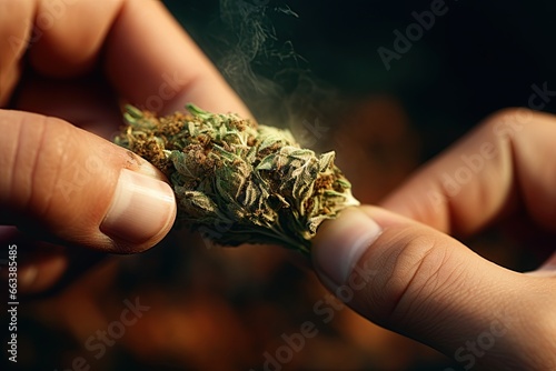 Marijuana bud held in hands. Cannabis addict. Generative Ai