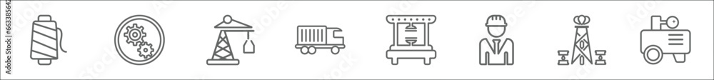 outline set of industry line icons. linear vector icons such as textile, mechanism, harbor crane, cargo truck, hine press, industrial engineer, extraction, compressor