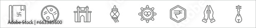 outline set of india and holi line icons. linear vector icons such as vedas, sarnaism, gate of india, kandeel, telugu language, nakatheng, namaste, veena