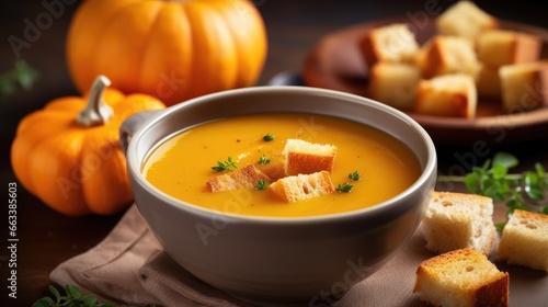 Pumpkin cream soup with pumpkin seeds and croutons, autumn vegan dish