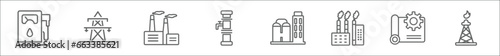 outline set of industry line icons. linear vector icons such as fuel station, transmission tower, factory building, hand pump, refinery, fossil fuels, planing, oilfield