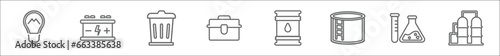 outline set of industry line icons. linear vector icons such as light, industrial battery, bin, tool box, barrel, storage tank, chemical, oil industry