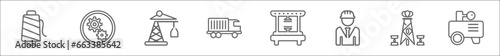 outline set of industry line icons. linear vector icons such as textile, mechanism, harbor crane, cargo truck, hine press, industrial engineer, extraction, compressor