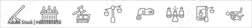 outline set of law and justice line icons. linear vector icons such as baton, jury, inheritance law, adminstrative law, electroshock weapon, custody, labour and social murder