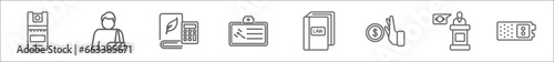 outline set of law and justice line icons. linear vector icons such as pepper spray, accident and injuries, corporative law, employment, law book, bribery, witness, recorder