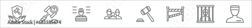 outline set of law and justice line icons. linear vector icons such as qualified protection, ask a lawyer, prisoner, child custody, gavel, police line, guilty, prisioner