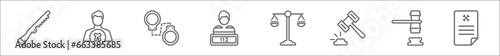 outline set of law and justice line icons. linear vector icons such as shotgun, attorney, criminal, convict, justice scale, case closed, veredict, crime letter