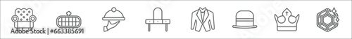 outline set of luxury line icons. linear vector icons such as luxury armchair, clutch, serving, dressing table, suit, bowler hat, crown, ruby