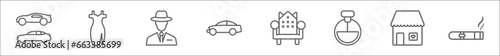 outline set of luxury line icons. linear vector icons such as car collection, luxury dress, rich people, lux car, throne, fragrance, jewelry store, cigar