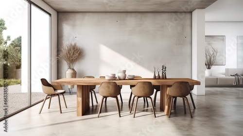 Minimalist dining room with a large wooden table against a gray concrete wall. Generation AI © MiaStendal