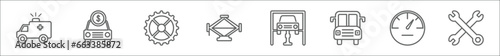 outline set of mechanicons line icons. linear vector icons such as big ambulance facing left, car for sale, bicycle sprockets, garage elevator, car on an elevator, big bus front, car speedometer,