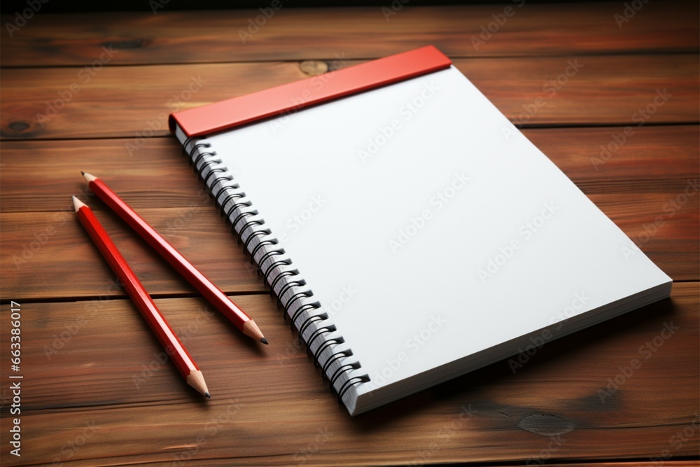 Red pencil and notepad on a wooden table for jotting goals and tasks Red pencil and notepad on a wooden table for jotting goals and tasks