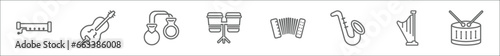 outline set of music line icons. linear vector icons such as bassoon, double bass, castanets, bongo, accordion, blues, harp, snare drum