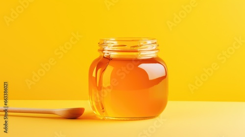 Glass jar full of sweet honey isolated on yellow background