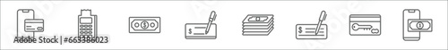outline set of payment line icons. linear vector icons such as mobile card, point of service, dollar, check, cash money, cheque, card key, mobile web
