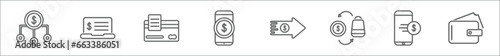 outline set of payment line icons. linear vector icons such as sharing, online banking, debit payment, mobile money, transfer money, trade, mobile transfer, payment