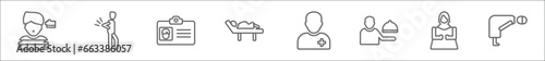 outline set of people line icons. linear vector icons such as kidnapping, spindle, identification card with picture, birth, pacient, serve, takbir, ruku