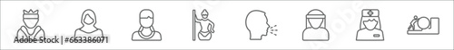 outline set of people line icons. linear vector icons such as emperor, arab woman, amazonian, seductive, cough, bedouin, female doctor, effort
