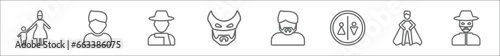 outline set of people line icons. linear vector icons such as babysitter and child, male user, argentina, devil mask, facial hair, restroom, cape, zorro