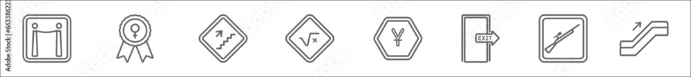 outline set of signs line icons. linear vector icons such as premiere fencing, woman with medal, ascending stairs, square root of x, chinese, emergency door, hunting zone, or going down