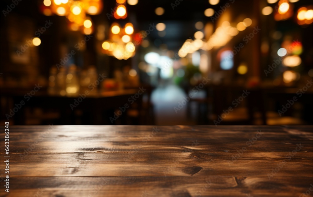 Restaurants bokeh background behind a dark wooden table for product placement - obrazy, fototapety, plakaty 