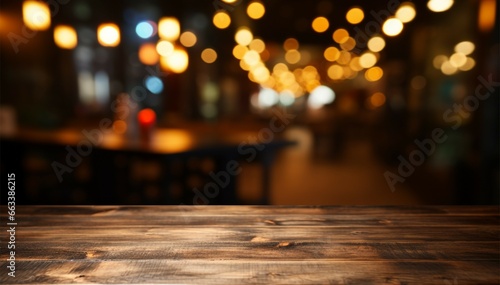 Restaurants bokeh background behind a dark wooden table for product placement