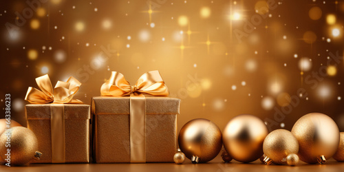 Happy New Year 2024! Golden gift box and christmas balls on golden background
