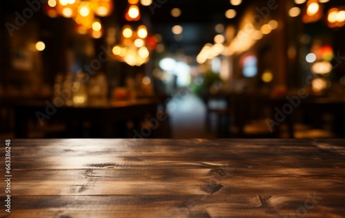 Restaurants bokeh background behind a dark wooden table for product placement © Jawed Gfx