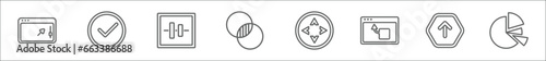 outline set of user interface line icons. linear vector icons such as window scrolling right, round done button, vertical align, intersect, move arrows, window back button, top arrow, pie chart photo