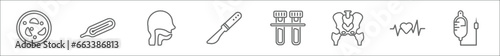 outline set of medical line icons. linear vector icons such as cells in a circle, thermometer, pharynx, scalpel or knife medical surgery cutting tool, blood analysis, p, pulse line, perfusion