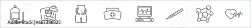 outline set of medical line icons. linear vector icons such as plasma, weight for medical sport practice, nutrionist, nurse cross, heart rate monitor, dosage medical tool, molecular configuration,
