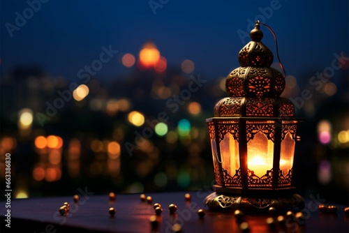 Ramadans essence Lantern, dates, and city bokeh under night sky