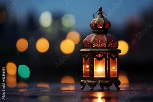 Ramadans gentle glow Lantern, city bokeh, and night sky
