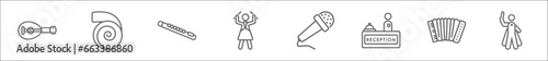 outline set of music line icons. linear vector icons such as lute, nautilus, piccolo, orchestra director, microphone for singers, hotel receptionist, accordionist, orchestra director with stick