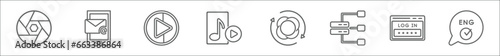 outline set of multimedia line icons. linear vector icons such as diaphragm, mailed, play buttom, multimedia, rolling, data flow, web log in, english