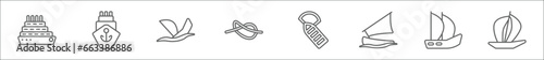 outline set of nautical line icons. linear vector icons such as vessel, ballast, capsizing, rope tied, port and starboard, felucca, scow, windsail