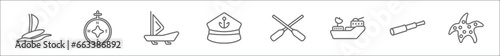 outline set of nautical line icons. linear vector icons such as windsurf board, azimuth compass, iceboat, marine, seaworthy, ship admiral, spyglass, starfish with dots