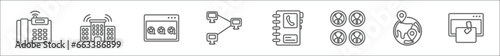 outline set of networking line icons. linear vector icons such as domestic phone, school network, stars balloons, continuous line, contact book, group avatar, localization, backlink photo