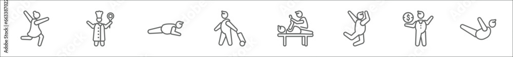 Obraz premium outline set of people line icons. linear vector icons such as girl dancing, chief, push ups, elegant man with suitcase, chiropractic, happy man jumping, businessman with dollar money, locust