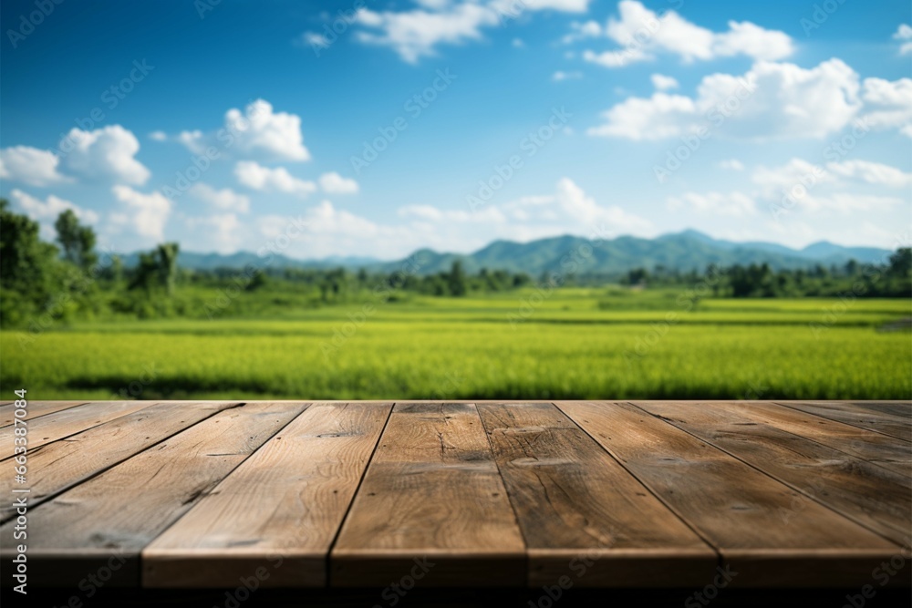 Rustic wooden floor adjacent to lush green rice fields and serene sky